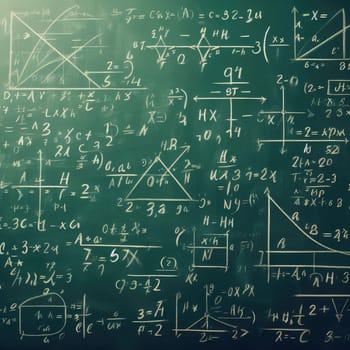 Close up of math formulas on a green blackboard.