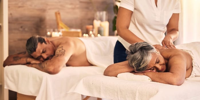 Beauty, senior and a couple at the spa for a massage together for peace, wellness or bonding. Relax, luxury resort or body care with an old woman and man in a hotel salon for physical therapy.