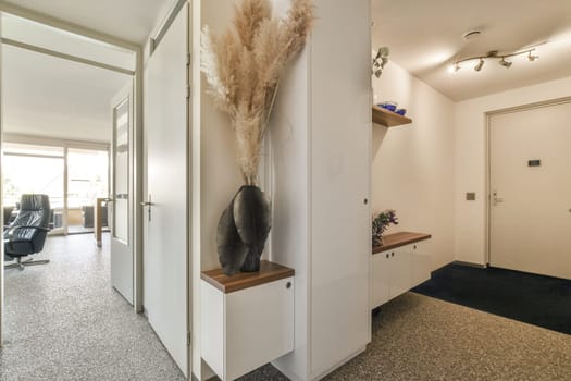 a living room with some plants on the wall and an open door leading to another room that has a couch in it