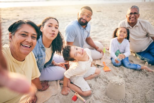 Selfie, beach sand and family portrait with children and grandparents for holiday, Mexico vacation and games. Play, castle and happy grandmother photography of mom, dad and children outdoor by ocean.