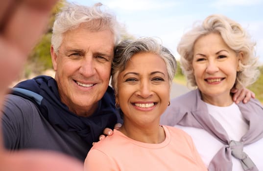 Senior runner friends, outdoor selfie and smile for fitness, portrait and diversity for social media. Elderly man, women and photography for memory, blog or profile picture for exercise in retirement.