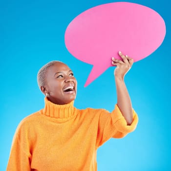 Speech bubble, contact us or black woman for social media communication with mockup space in studio. Smile, talking or happy African girl speaking of review, feedback voice or news on blue background.