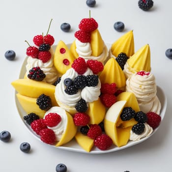 Different flavors of ice cream cones with frozen mango, pineapple, red and black currant berries on a white background. Summer creative concept