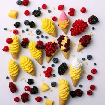 Different flavors of ice cream cones with frozen mango, pineapple, red and black currant berries on a white background. Summer creative concept