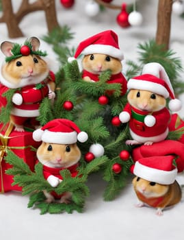 Hamsters in Santa's Christmas hats in the woods with Christmas toys and garlands