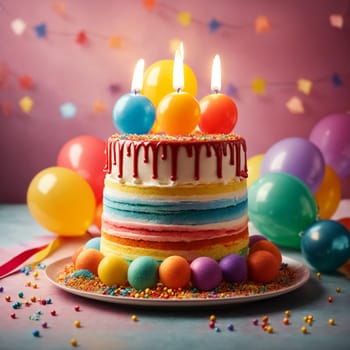 A festive colorful birthday card with five burning candles on a rainbow cake and colorful balloons in the background. A place for the text of the greeting.