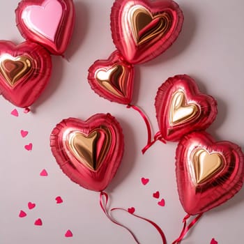 red and gold hearts made of foil balloons, top view on pink Valentine's day background