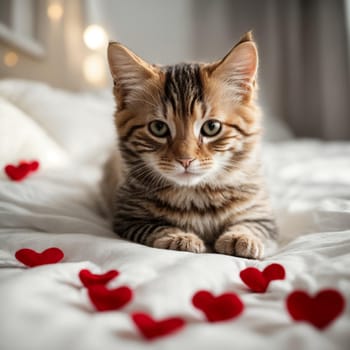 A cat for Valentine's Day. A small striped kitten with hearts on a light white blanket on the bed, looking at the camera. The concept of adorable pet cats