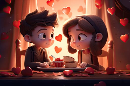 3d illustration of young couple of kids in love looking at each other. Valentines concept.