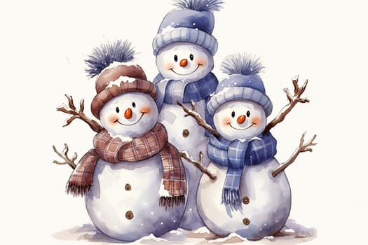 Smiling three snowman clipart white isolated illustration.