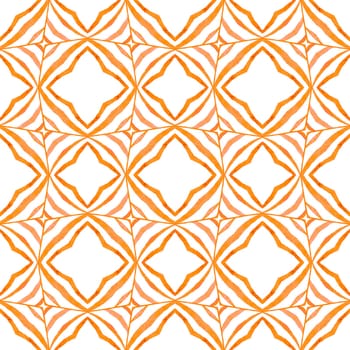 Textile ready artistic print, swimwear fabric, wallpaper, wrapping. Orange positive boho chic summer design. Chevron watercolor pattern. Green geometric chevron watercolor border.