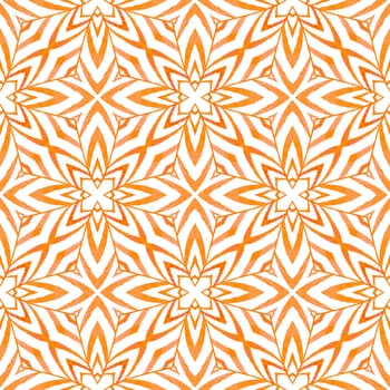 Ethnic hand painted pattern. Orange alluring boho chic summer design. Watercolor summer ethnic border pattern. Textile ready outstanding print, swimwear fabric, wallpaper, wrapping.