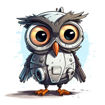 Cartoon owl robots. T-Shirt, Sticker. Funny cyborg. 