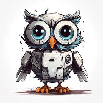 Cartoon owl robots. T-Shirt, Sticker. Funny cyborg. 