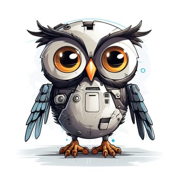 Cartoon owl robots. T-Shirt, Sticker. Funny cyborg. 