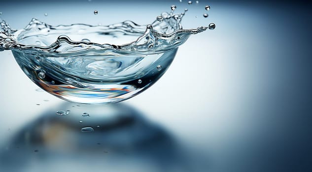 Transparent Realistic water splash with drops clear water background. Macro set splash of water with drops, a splash of falling water, a splash in the form of a crown, a splash in the form of a circle Copy space Blue colored