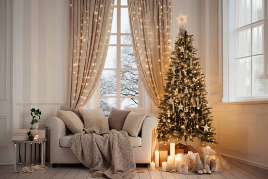 Bright room decorated for Christmas or New Year with a Christmas tree, a sofa with a soft, draped blanket, an illuminated window, and light curtains creating a warm festive atmosphere.