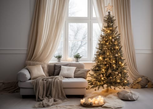 Bright room decorated for Christmas or New Year with a Christmas tree, a sofa with a soft, draped blanket, an illuminated window, and light curtains creating a warm festive atmosphere.