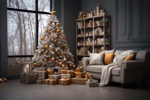 Bright room decorated for Christmas or New Year with a Christmas tree, a sofa with a soft, draped blanket, an illuminated window, and light curtains creating a warm festive atmosphere.