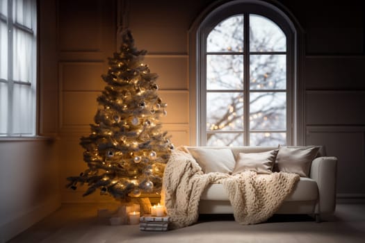 Bright room decorated for Christmas or New Year with a Christmas tree, a sofa with a soft, draped blanket, an illuminated window, and light curtains creating a warm festive atmosphere.