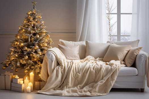 Bright room decorated for Christmas or New Year with a Christmas tree, a sofa with a soft, draped blanket, an illuminated window, and light curtains creating a warm festive atmosphere.