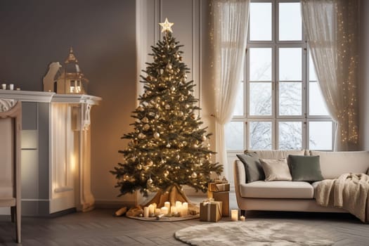 A spectacular Christmas tree and a sophisticated sofa embellish the contemporary living room. A fusion of elegance and festivity in interior decor