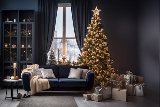 A spectacular Christmas tree and a sophisticated sofa embellish the contemporary living room. A fusion of elegance and festivity in interior decor