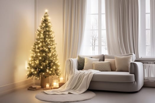 Bright room decorated for Christmas or New Year with a Christmas tree, a sofa with a soft, draped blanket, an illuminated window, and light curtains creating a warm festive atmosphere.