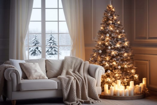 Bright room decorated for Christmas or New Year with a Christmas tree, a sofa with a soft, draped blanket, an illuminated window, and light curtains creating a warm festive atmosphere.