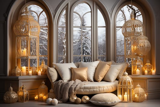 Bright Christmas-themed Room in Gold and Pastel Colors with an Illuminated Window. A Warm Festive Atmosphere for New Year.