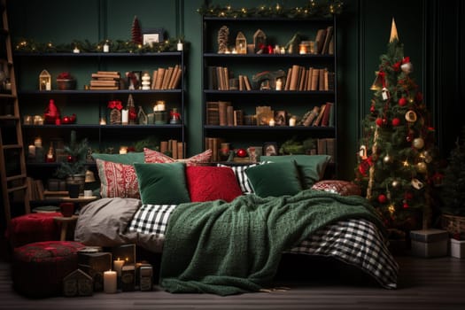 A modern-style room in green and red colors, decorated for Christmas. Holiday comfort, home concepts.