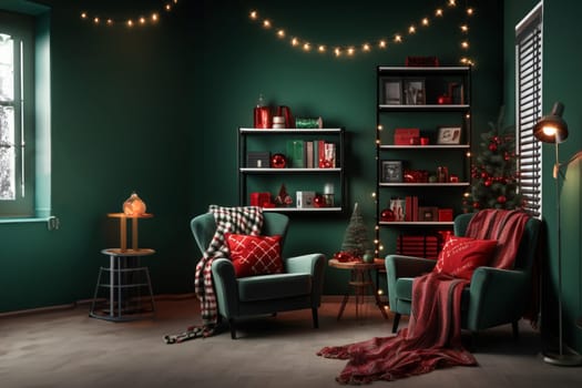 A modern-style room in green and red colors, decorated for Christmas. Holiday comfort, home concepts.