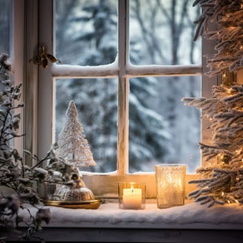 View through the window of a cottage into a snow-covered winter forest