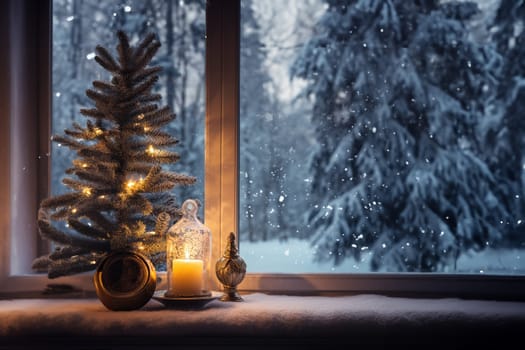 View through the window of a cottage into a snow-covered winter forest