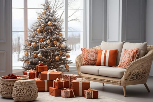 Bright room decorated for Christmas or New Year with a Christmas tree, a sofa, an illuminated window creating a warm festive atmosphere.