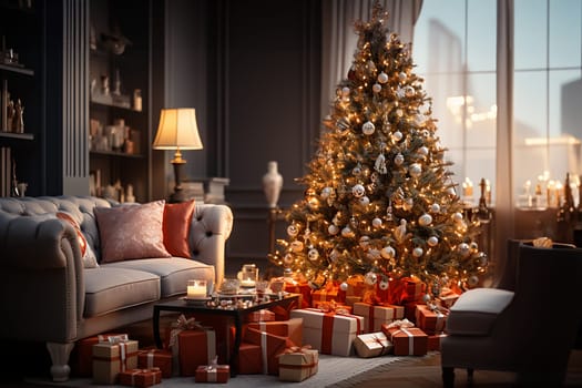 Bright room decorated for Christmas or New Year with a Christmas tree, a sofa, an illuminated window creating a warm festive atmosphere.