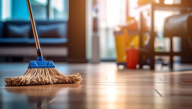 Cleaning supplies. Plastic bucket and mop in house,apartment or office. Set for cleaning. Household cleaning products. Cleaning products in a bucket Copy space