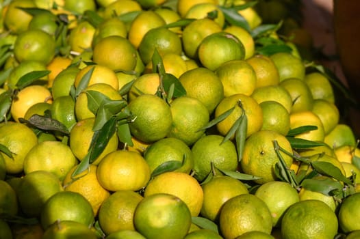 fresh appetizing tangerines at the bazaar on the island of Cyprus in autumn 1