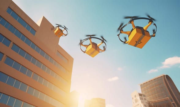 drone air cargo fly transportation shipping copter parcel delivery fast shipment blue background wireless flight technology propeller aircraft robot helicopter blue. Generative AI.