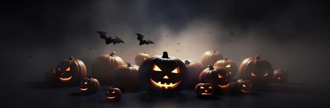 illustration silhouette spooky horror mystery halloween background blue haunted table fear light scary tree moon pumpkin bat jack night card funny. Generative AI.
