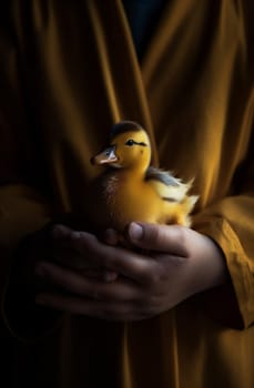 child close-up season hand pet farm yellow duckling girl wildlife life little beak green bird care background easter chick duck. Generative AI.