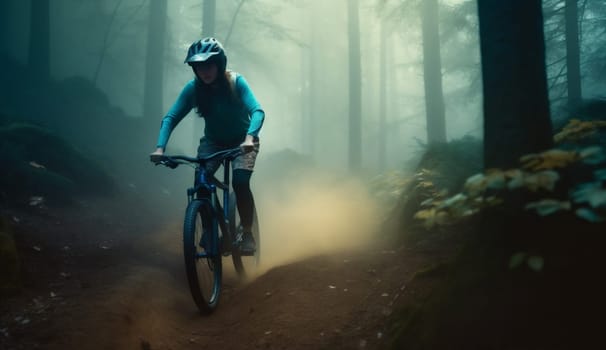 woman person dark wood healthy bike cycle park sport adventure forest cycling summer travel bicycle landscape girl helmet walking sunset walk. Generative AI.