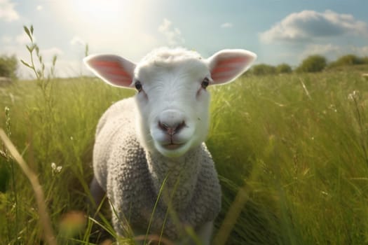 green background farming field sunlight sun baby farm sunny grazing wool beautiful fresh grass sheep lamb meadow landscape animal pasture. Generative AI.