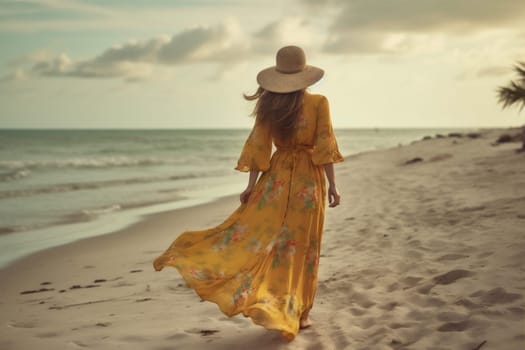 woman yellow fashion floral beautiful person holiday freedom sunlight dress sea summer fashionable blue hippie sand lifestyle young beach gypsy outdoor. Generative AI.