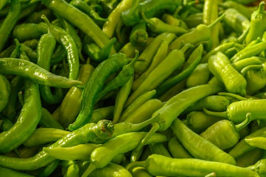 fresh appetizing green hot peppers at the bazaar on the island of Cyprus in autumn