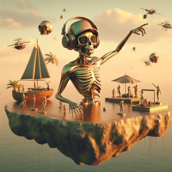 metallic alien dj with human skull, wearing glasses earphone dj of beach party in tropical island generative ai art
