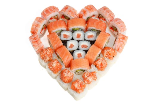 a set of heart-shaped rolls on a white background for a food delivery site