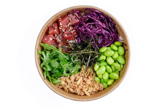 Bowl with tuna and quinoa, bulgur, red cabbage, edamame beans, arugula, nori, crispy onions on a white background