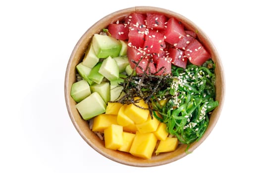 Poke with tuna with tuna, mango, avocado, chuka seaweed, poke rice, aiolina sauce, white background