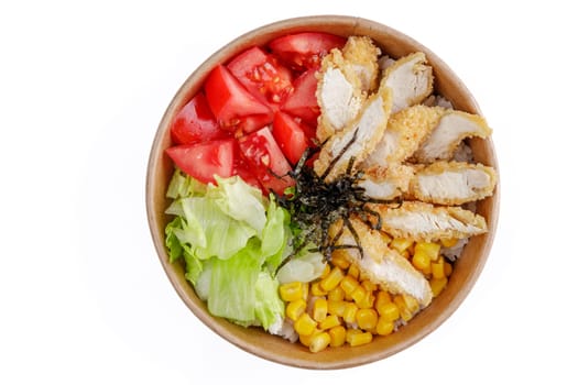 Poke with chicken, chicken nuggets, tomato, corn, iceberg, poke rice, aiolina sauce, white background